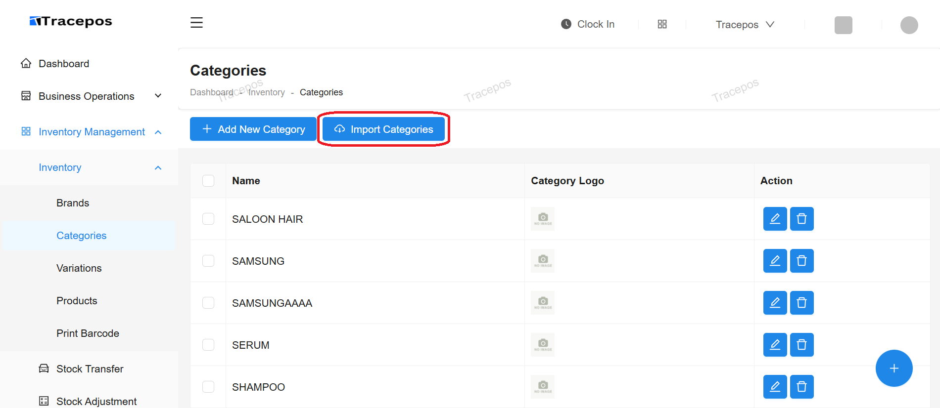 Screenshot of the Categories page with the Import Categories button clearly visible