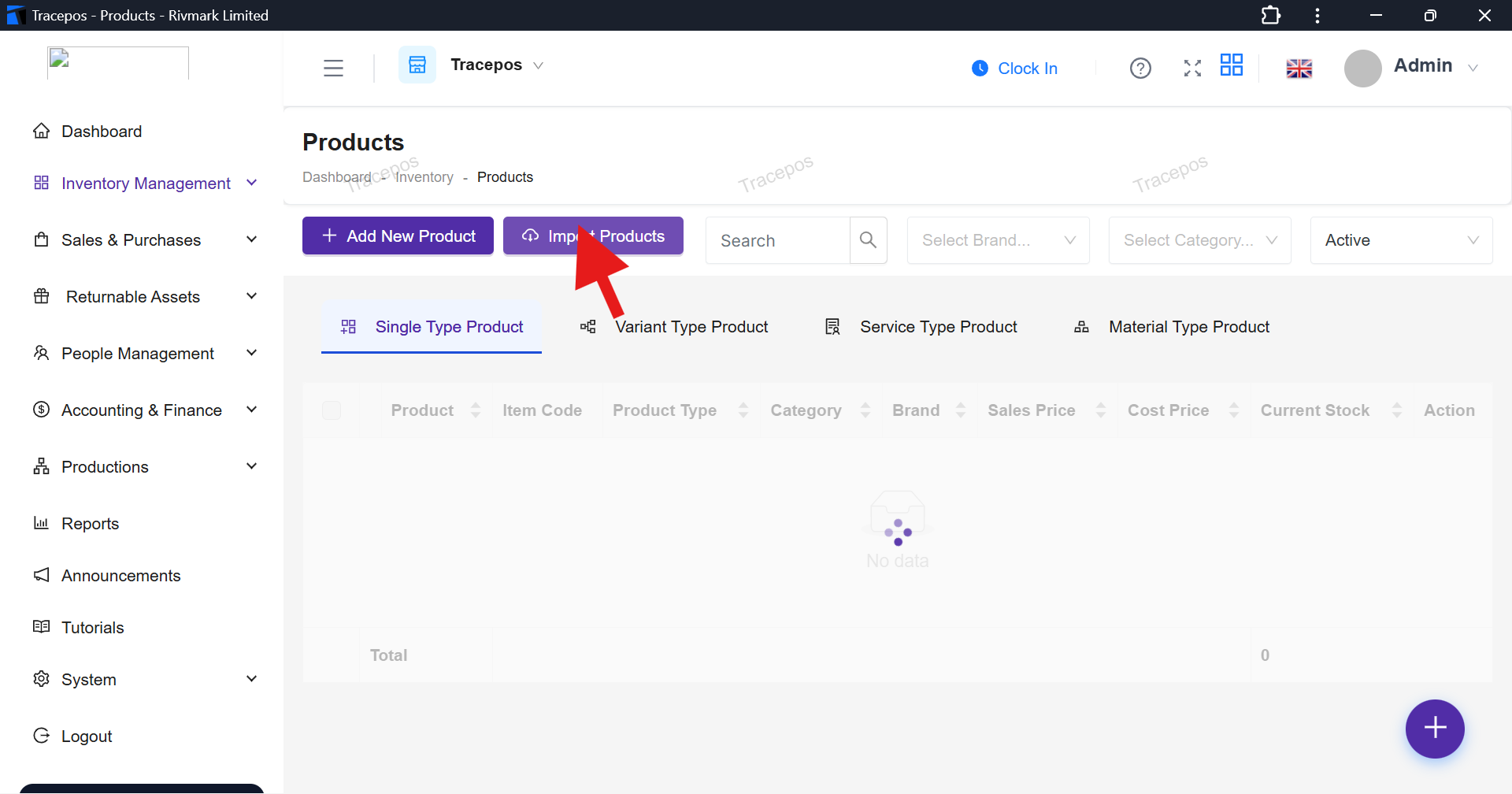 Screenshot of the Products page with the Import Products button clearly visible.