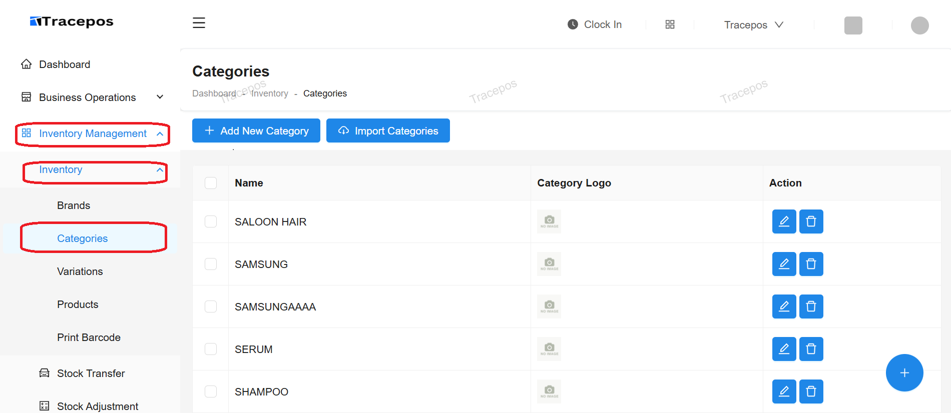 Screenshot of the Tracepos side menu with Inventory Management and Categories highlighted