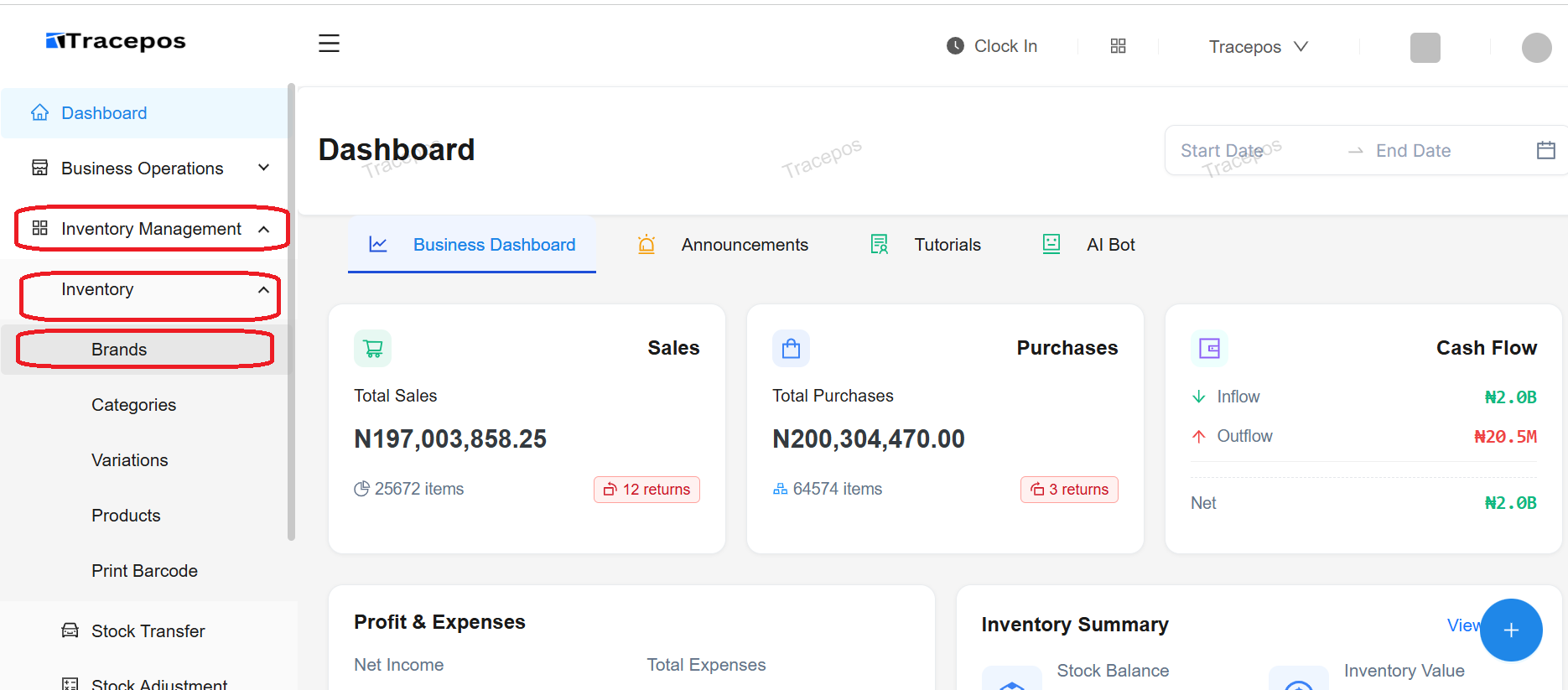 Screenshot of the Tracepos dashboard highlighting Inventory Management and Brands
