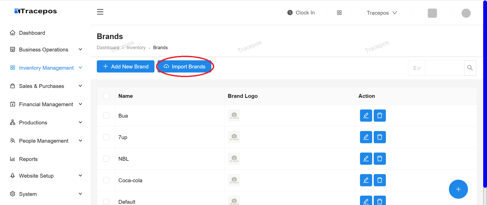 Screenshot of the Brands page with the Import Brands button highlighted