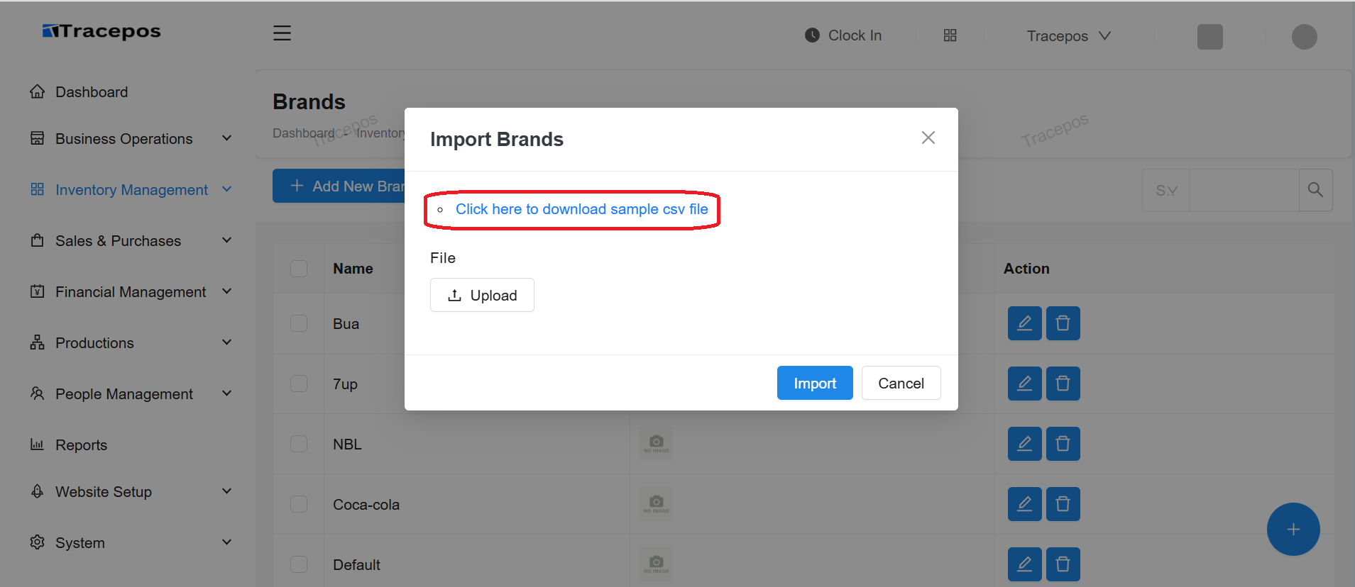 Screenshot of the import modal showing the link to download the sample brands CSV file