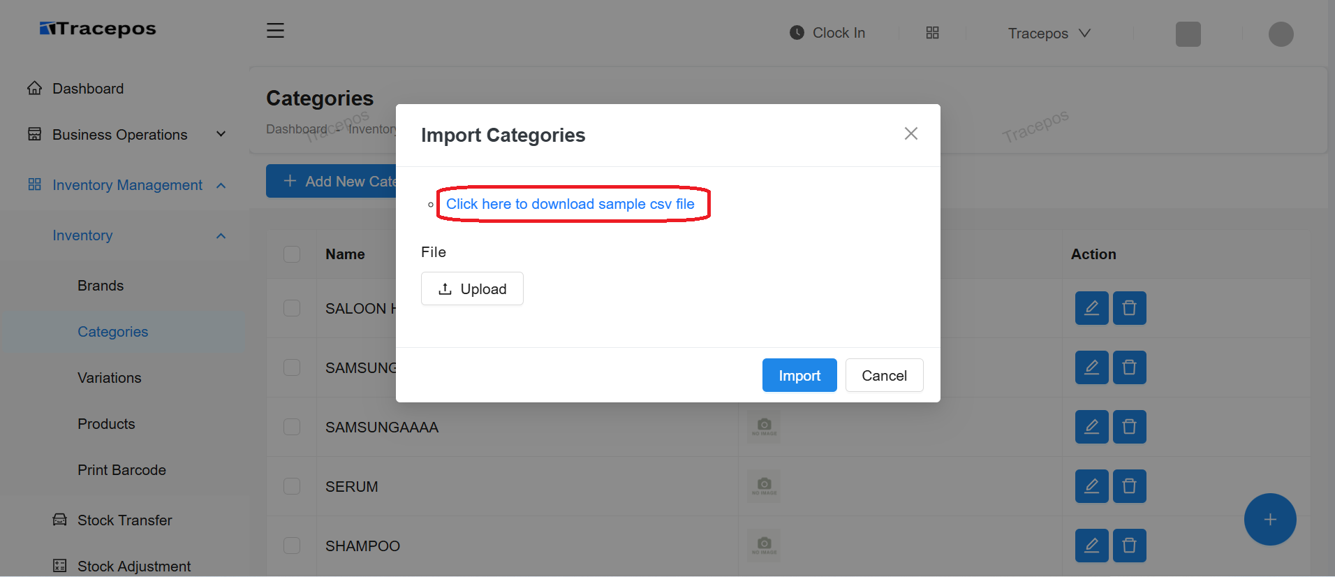 Screenshot of the import modal showing the link to download the sample CSV file