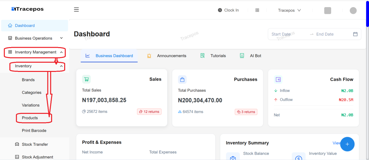 Screenshot of the Tracepos side menu with Inventory Management, Inventory, and Products highlighted
