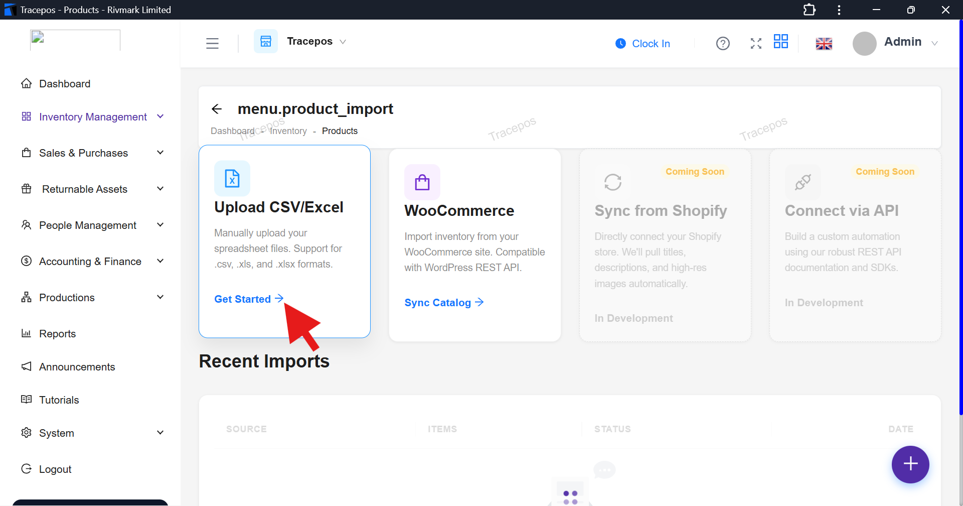 Get Started link on Upload CSV card